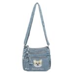 Corgi Embroidery Denim Crossbody Bag Casual Multi?Pocket Purse