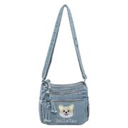 Corgi Embroidery Denim Crossbody Bag Casual Multi?Pocket Purse
