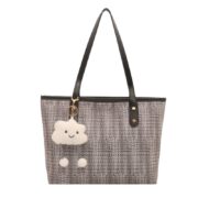 Woven Texture Tote Bag with Cloud Plush Charm Shoulder Handbag