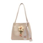 Flower Decor Straw Tote Bag with Printed Scarf Shoulder Purse