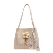 Flower Decor Straw Tote Bag with Printed Scarf Shoulder Purse