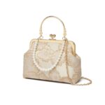 Floral Jacquard Kiss Lock Evening Handbag with Pearl Handle & Chain Strap