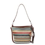 Striped Woven Bucket Crossbody Bag with Charm Pendant