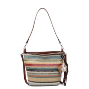 Striped Woven Bucket Crossbody Bag with Charm Pendant