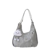 Butterfly Decor Hobo Shoulder Bag with Cloud Plush Charm