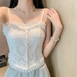 White Lace Ruffle Cami Top Button-Front Cropped Camisole