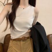 Women Solid Crew Neck Sleeveless Cropped Tank Top