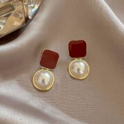Red Enamel Square Pearl Drop Earrings