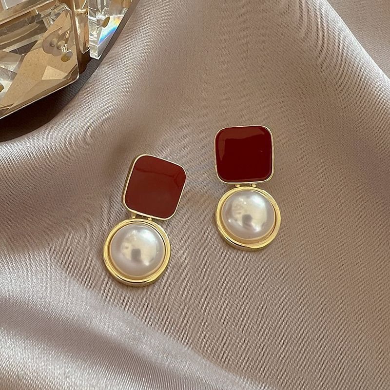 3-2-1.jpg Red Enamel Square Pearl Drop Earrings - Image 1