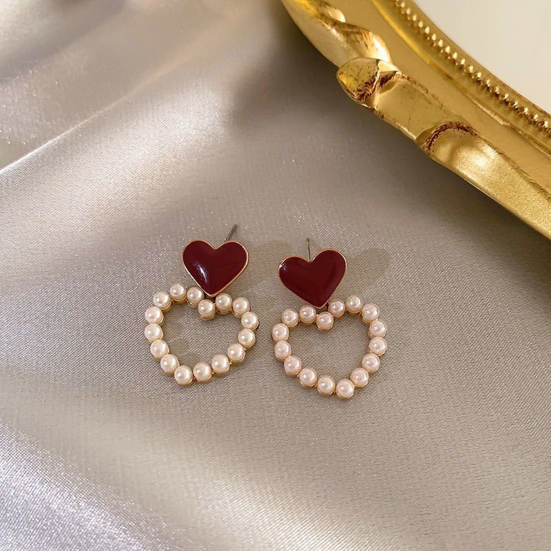 3-4-1.jpg Red Heart Pearl Hollow Heart Stud Earrings - Image 1