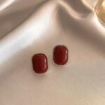 Vintage Red Square Stud Earrings Gold Twist Frame Earrings