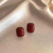 Vintage Red Square Stud Earrings Gold Twist Frame Earrings