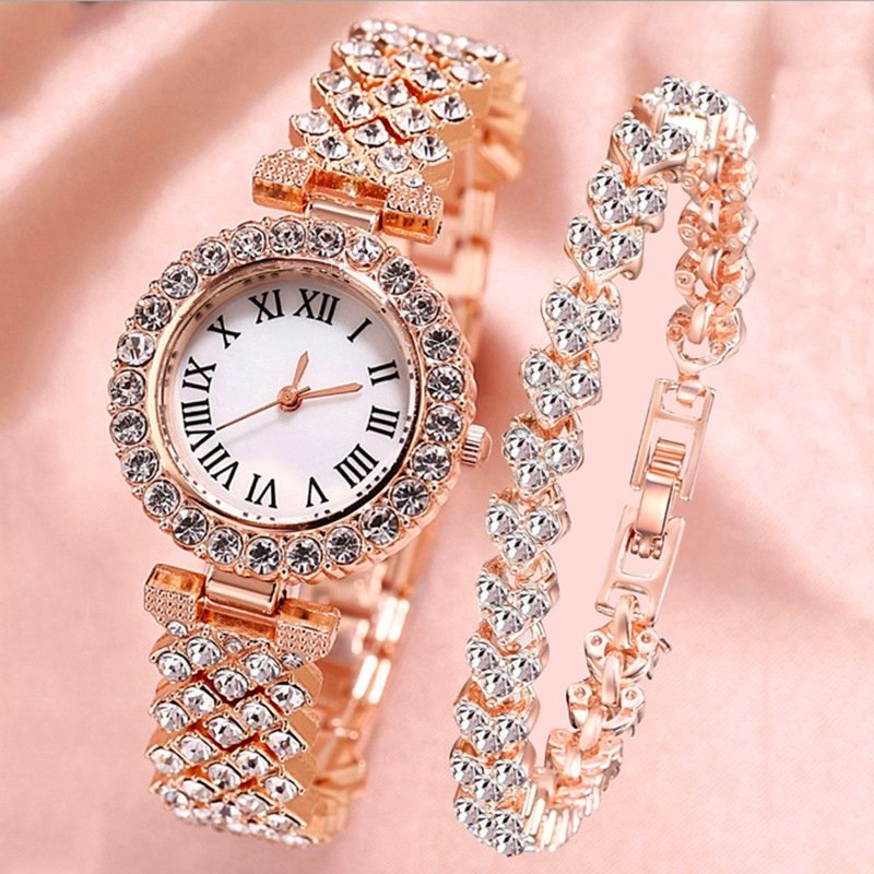 4-1-1.jpg Rose Gold Crystal Women Wrist Watch with Matching Bracelet Set - Image 1