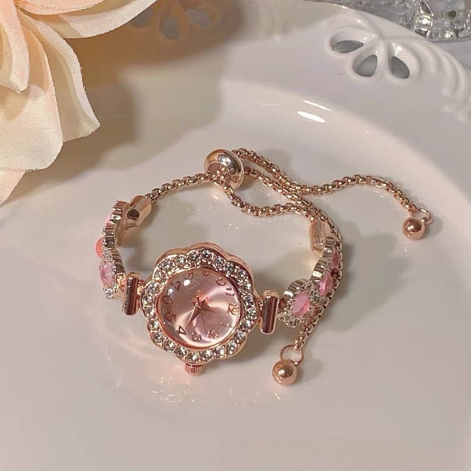 4-14-1.jpg Rose Gold Tone Pink Rhinestone Bracelet Watch For Women - Image 1