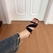 Black Satin Crisscross Strap High Heel Slide Sandals