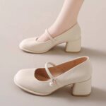 Beige Pearl Decor Mary Jane Shoes Square Toe Block Heel Pumps