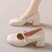 Beige Pearl Decor Mary Jane Shoes Square Toe Block Heel Pumps