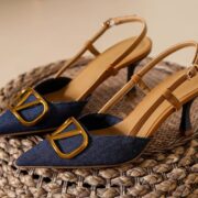 Denim Metal Buckle Pointed Toe Slingback Heels